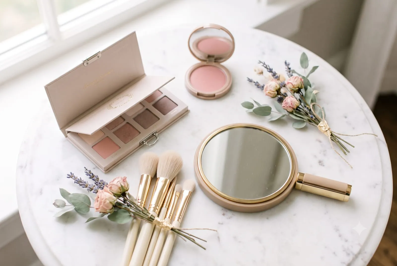 Flatlay mit Braut-Make-up: Lidschatten, Pinsel, Handspiegel und Trockenblumen