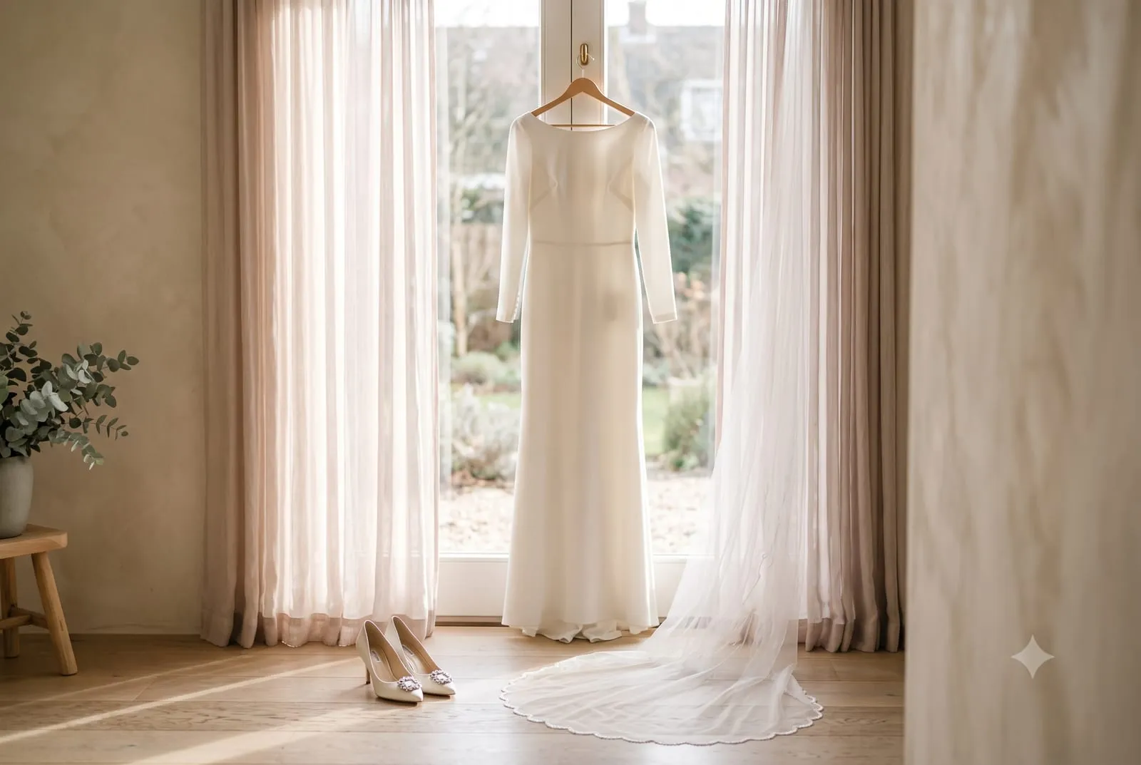 Schlichtes Brautkleid auf einem Holzbügel am Fenster im warmen Morgenlicht