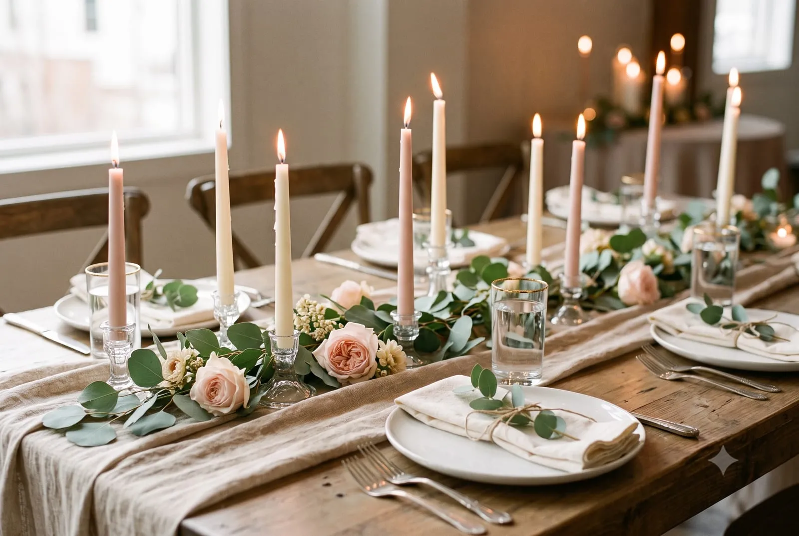 DIY-Hochzeitstischdeko mit Kerzen, Eukalyptus und rosa Rosen bei Kerzenlicht