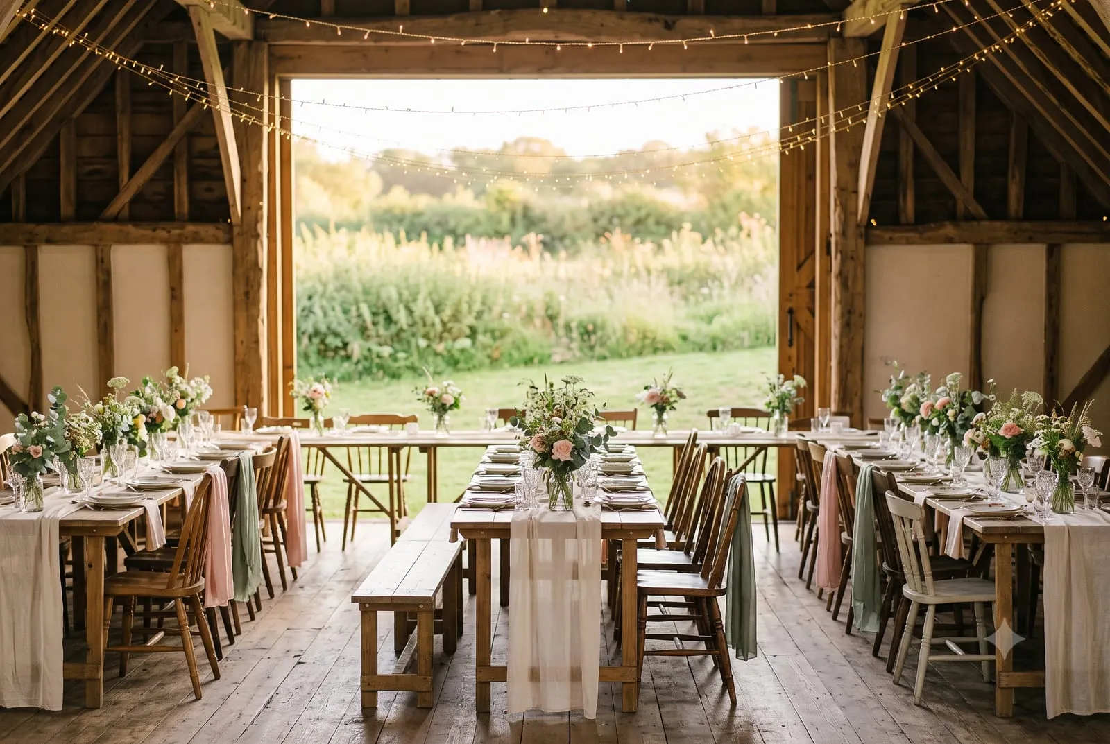 Rustikale Scheunenhochzeit mit Lichterketten und Blick auf eine Wiese im Abendlicht