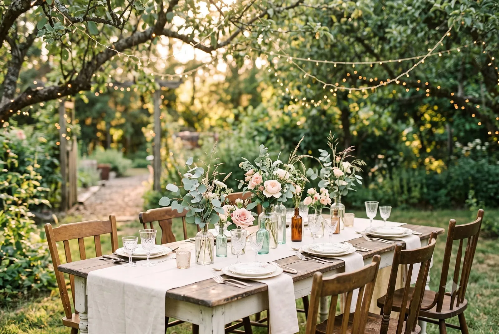 Festlich gedeckte kleine Hochzeitstafel im Garten mit Lichterketten in der Abendsonne