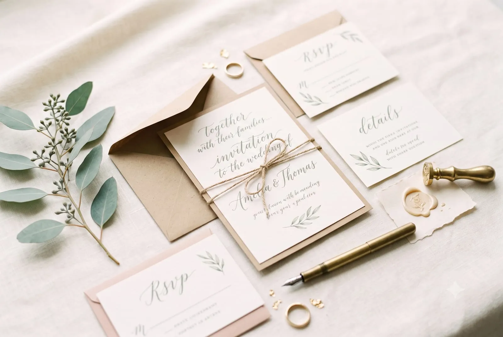 Flatlay selbst gestalteter Hochzeitseinladungen mit Kalligrafie und Eukalyptus