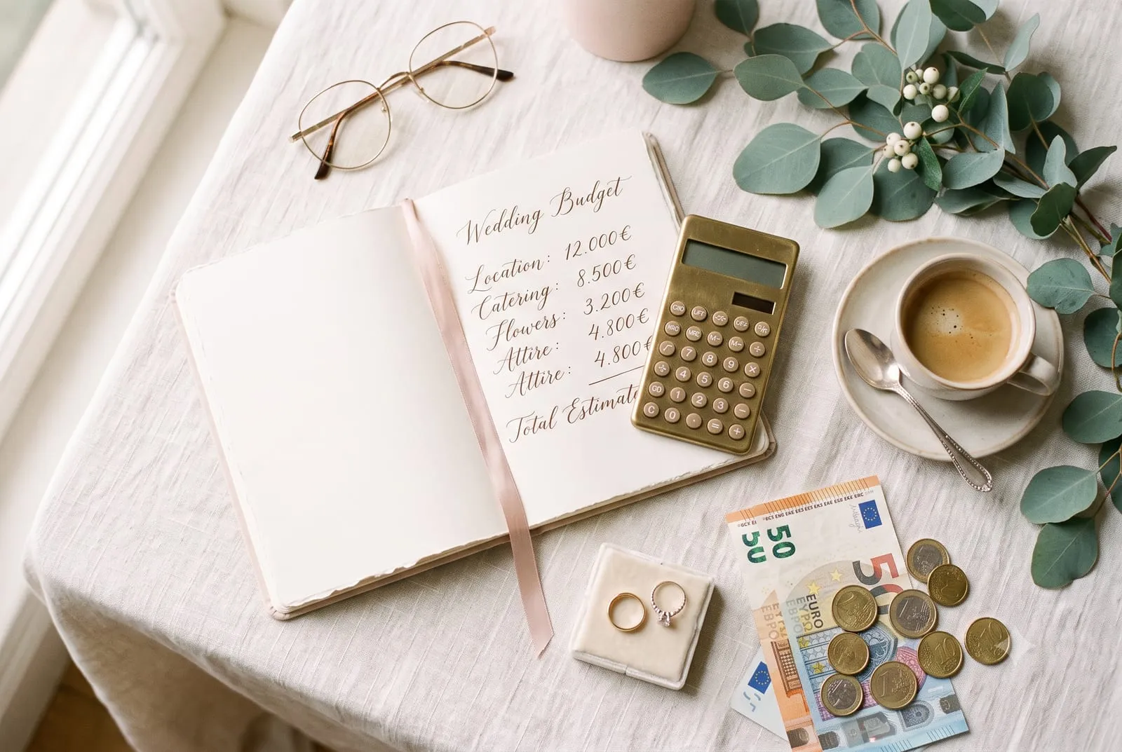 Flatlay mit Hochzeits-Budgetheft, Taschenrechner, Eheringen, Euro-Geld und Eukalyptus